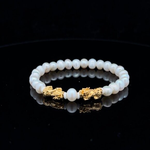 18K Gold Dragon Pixiu Double Piyao Bracelet Gemstones Pearl June Birthstones 6mm - Picture 1 of 6